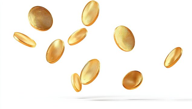 Golden coins in mid-air, scattered against a white background.  They are round, and various sizes are seen in different stages of descent.  A soft shadow suggests depth