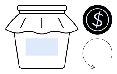 Jar with lid, dollar sign in a circle, and circular arrow convey savings, budgeting, recycling, and sustainability. Ideal for eco-friendliness, finance goals, business plans and economic growth