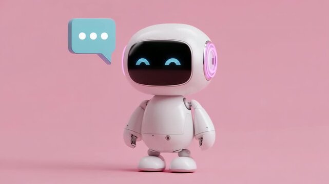 A robot with a blue face and pink background. The robot is smiling and has a speech bubble with the letters "chat"