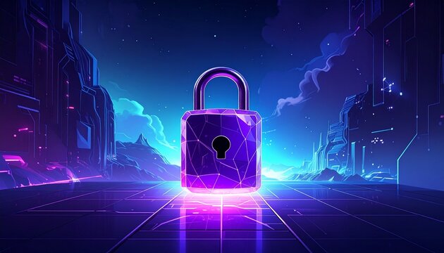 Glowing purple and blue padlock with circuit-like surface design, centered against a futuristic neon-lit background of abstract digital lines and geometric shapes, symbolizing cybersecurity, encryptio - Powered by Adobe