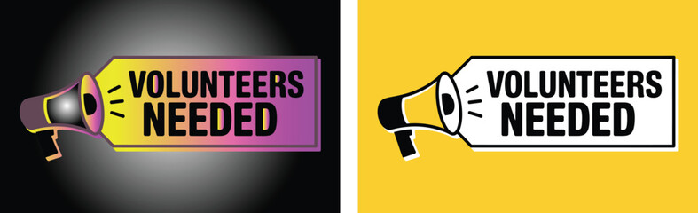 Megaphone announcing volunteers needed in bright colorful and simple graphic styles