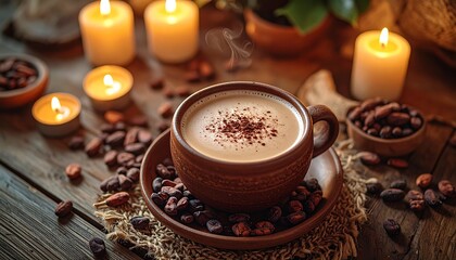 Top-view images of a cacao ceremony. Rustic wooden table with handmade clay cups filled with frothy cacao, raw cacao beans, cacao paste pieces, candles, feathers, crystals, and natural fabrics. Warm e