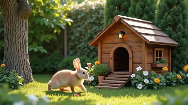 Cozy Garden Yard with Lush Trees and Wooden Bunny House Creating Calming Atmosphere
