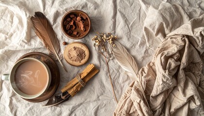 Top-view images of a cacao ceremony. Rustic wooden table with handmade clay cups filled with frothy cacao, raw cacao beans, cacao paste pieces, candles, feathers, crystals, and natural fabrics. Warm e