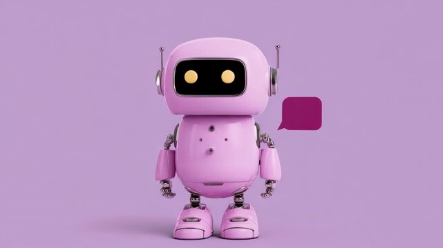A pink robot is standing on a purple background and is talking. The robot is talking to a person, and the person is listening
