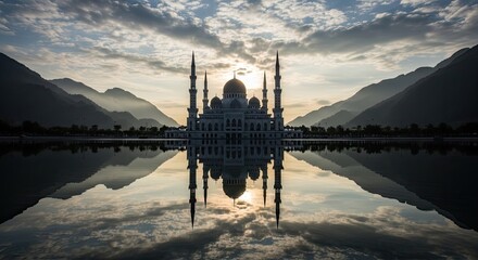 Majestic Mosque Silhouette Reflected in Water at Sunset with Mountains.