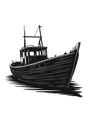 Vintage fishing boat illustration with detailed texture and shadow