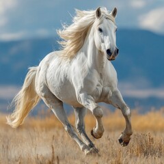 The white horse gallops across the field