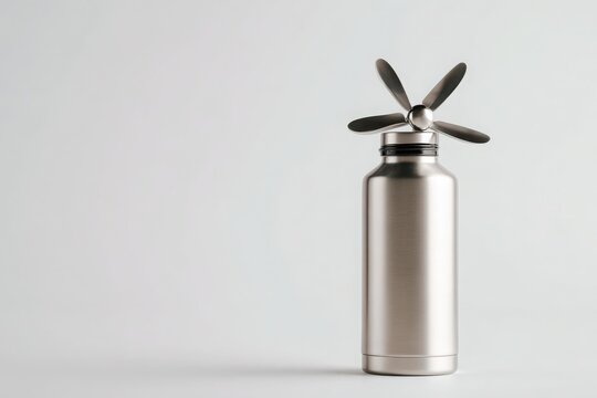 Stainless steel water bottle with propeller cap on white background   - Powered by Adobe