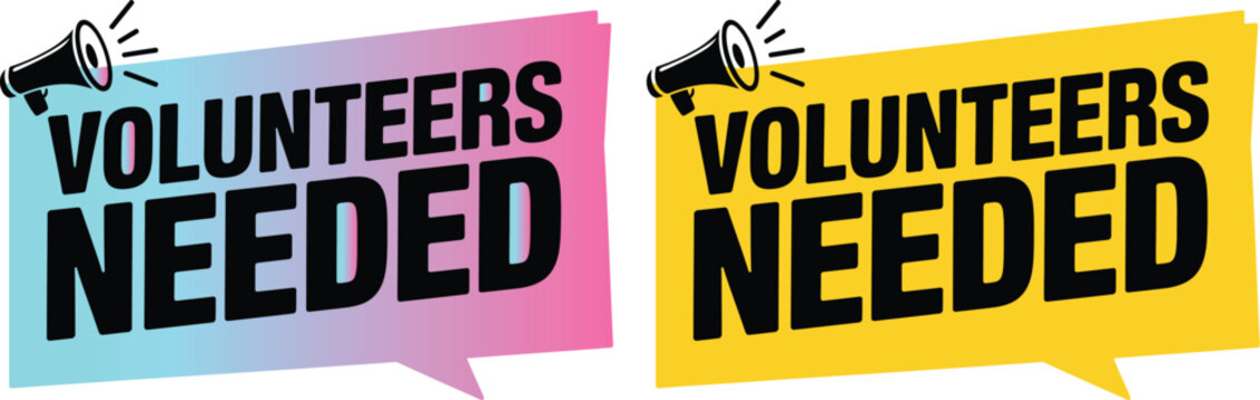 Volunteers needed speech bubbles with megaphone icons and gradient colors