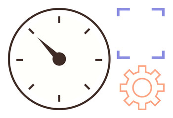 Clock face with a pointed hand, gear icon, and focus frame outline symbolize speed, productivity, focus, innovation, time management, process improvement and technology. Simple flat metaphor