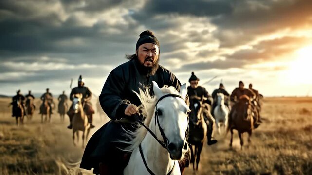 This dramatic moving piece shows a ferocious leader on a white horse, yelling commands, riding with his horde across a wide, grassy steppe landscape during the day in this tatar-mongol era video