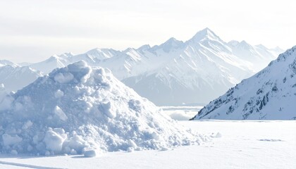 Bright Winter Mountain Landscape with Snow Capped Peaks Under a Pale Sky Serene White Landscape and Distant Hazy Valley
