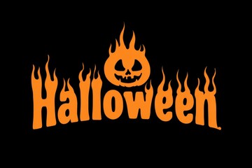 Orange fiery halloween pumpkin face on black background