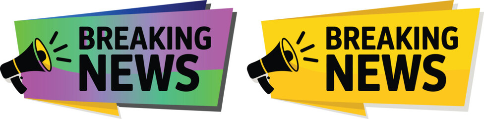 Two colorful speech bubbles announcing breaking news with megaphone illustration