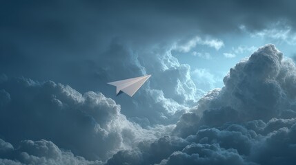 A single white paper airplane flying through a vast, dramatic sky filled with voluminous blue clouds.