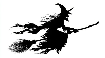 Silhouette of a flying witch on a broomstick with tattered cloak and pointed hat