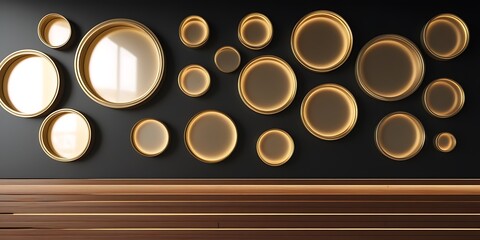 a wall adorned with various sized golden circular mirrors