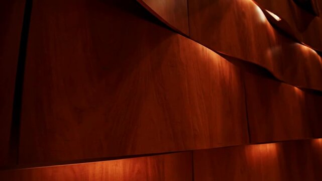 Slow pan across a contemporary parametric wooden wall featuring undulating curves and warm integrated accent lighting showcasing modern architectural interior design.