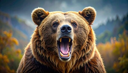 Fototapeta premium Brown Bear Roaring Aggressively Close Up with Open Mouth and Sharp Teeth Forest Backdrop in Soft Focus