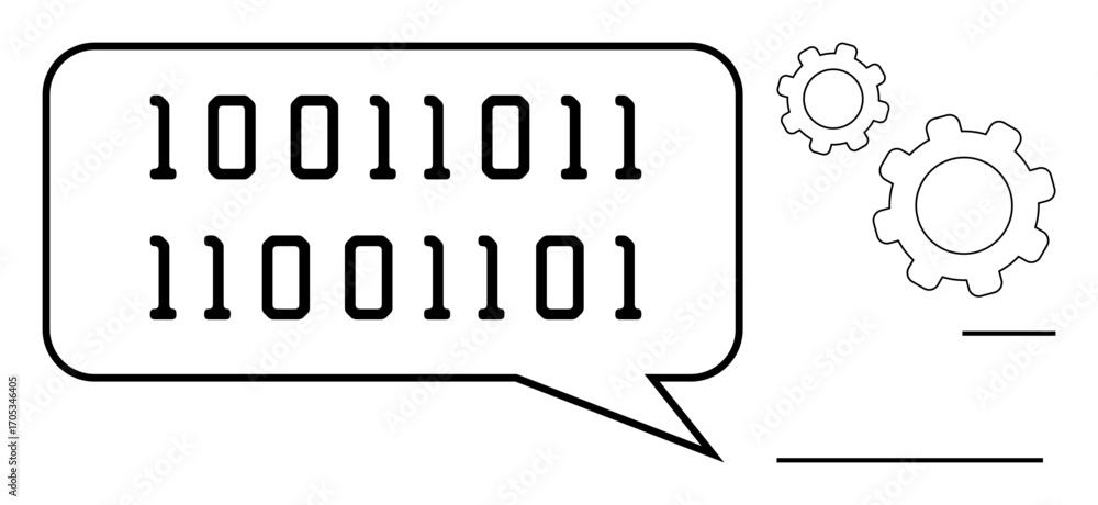 Aufkleber binary code inside a speech bubble alongside gears depicting concepts of programming, coding, automa