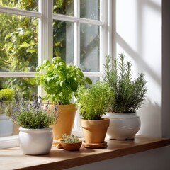 A potted herb garden on a sunny windowsill isoleted on white background .