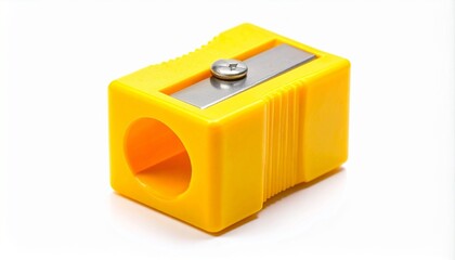 Yellow plastic pencil sharpener with metallic angled blade and visible screw, placed upright against a transparent checkered background, highlighting compact design and everyday utility.