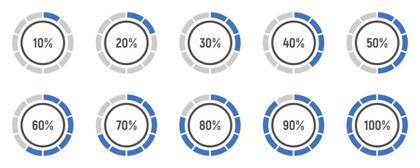Set of circle percentage diagrams from 0 to 100 for infographic and user interface. Percentage infographics minimal elements. Round diagrams icons for infographics from 0 to 100 percent. Circle graph