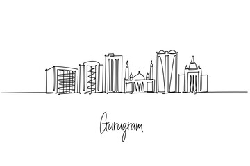 continuous line drawing of Gurugram city skyline showcasing Haryana corporate towers and icons, a minimalist art concept themed to Indias tech hub with offices malls hotels flyovers and landmarks.