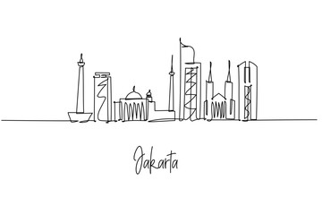 Fototapeta premium continuous line drawing of Jakarta city skyline highlighting capital landmarks and towers, a minimalist art concept themed to Indonesias metropolis with Monas mosques cathedrals offices and highrises.