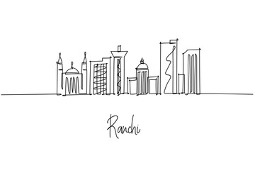 Fototapeta premium one line drawing of Ranchi city skyline presenting Jharkhand capital architecture and natural heritage, a minimalist art concept themed to the waterfalls city with temples offices towers and icons.