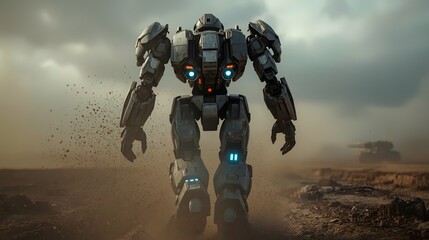 A dramatic 3D render of a huge, heavily-armored futuristic mech from a low-angle perspective, walking on a dusty road in a desolate, post-apocalyptic wasteland with a tank in the background