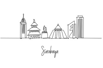Obraz premium one line drawing of Surabaya city skyline depicting East Java port landmarks and heritage, a minimalist art concept themed to the city of heroes with bridges mosques statues towers and civic halls.