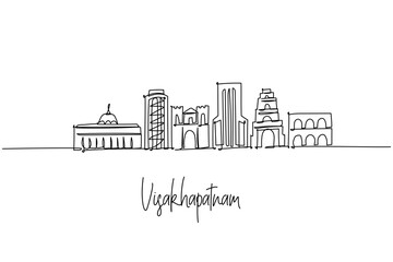 one line drawing of Visakhapatnam city skyline showing Andhra Pradesh coastal landmarks and modern highrises, a minimalist art concept themed to Vizag with ports arches temples towers and urban icons.