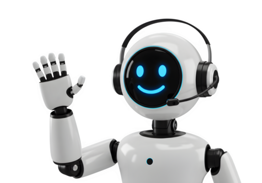 Friendly Cartoon Robot Waving in Headset, Isolated on Transparent Background PNG

