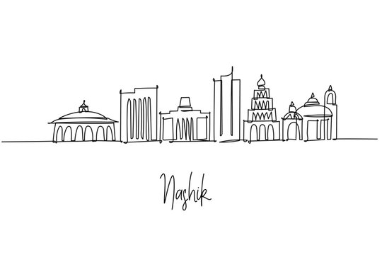 continuous line drawing of Nashik city skyline capturing Maharashtra temple architecture vineyards and icons, a minimalist art concept themed to the wine capital with ghats domes towers and halls.