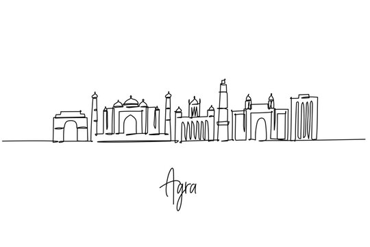 one line drawing of Agra city skyline celebrating Uttar Pradesh Mughal architecture and urban icons, a minimalist art concept themed to the Taj city with minarets domes gates towers and monuments.