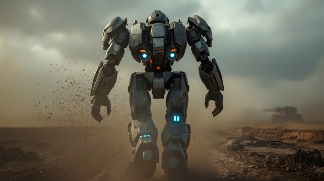 A dramatic 3D render of a huge, heavily-armored futuristic mech from a low-angle perspective, walking on a dusty road in a desolate, post-apocalyptic wasteland with a tank in the background