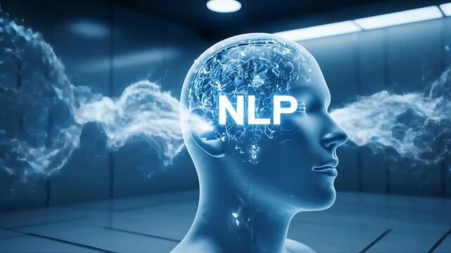 Dynamic 3D illustration of the human brain with NLP text, showcasing cognitive science, mental health, and personal development