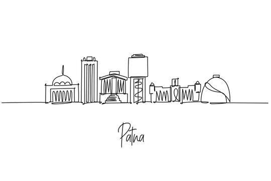 Patna India city skyline illustrated as a single line drawing, featuring Golghar dome, Gandhi Maidan and riverside high rises on the Ganges. Clean urban outline for travel branding and Bihar heritage.