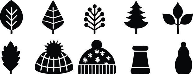 Naklejka premium Collection of Winter and Foliage Silhouette Icons for Holiday and Seasonal Designs