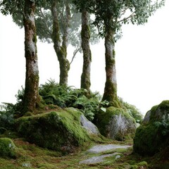A rainforest scene with moss-covered trees isoleted on white background .