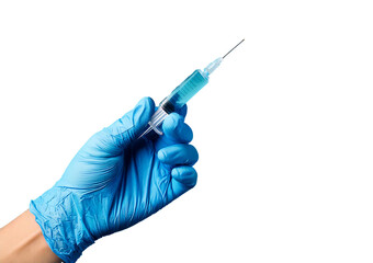 female hand in a blue rubber medical glove holds an insulin syringe isolated on transparent or white background