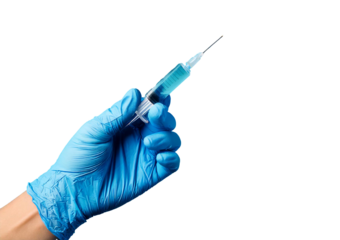 female hand in a blue rubber medical glove holds an insulin syringe isolated on transparent or white background