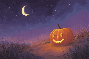 Smiling jack-o'-lantern in a field under starry night sky with crescent moon