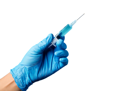 female hand in a blue rubber medical glove holds an insulin syringe isolated on transparent or white background