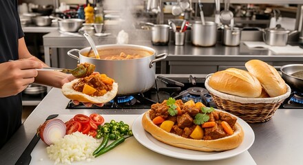 Preparing bunny chow with beef curry filling inside bread loaf