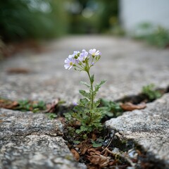 A tiny flower growing between sidewalk cracks isoleted on white background .