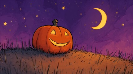Smiling jack-o'-lantern on grassy hill under crescent moonlit starry sky