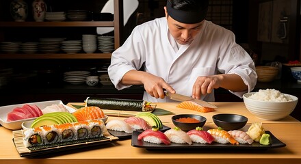 Preparing sushi rolls with nori seaweed rice and cucumber